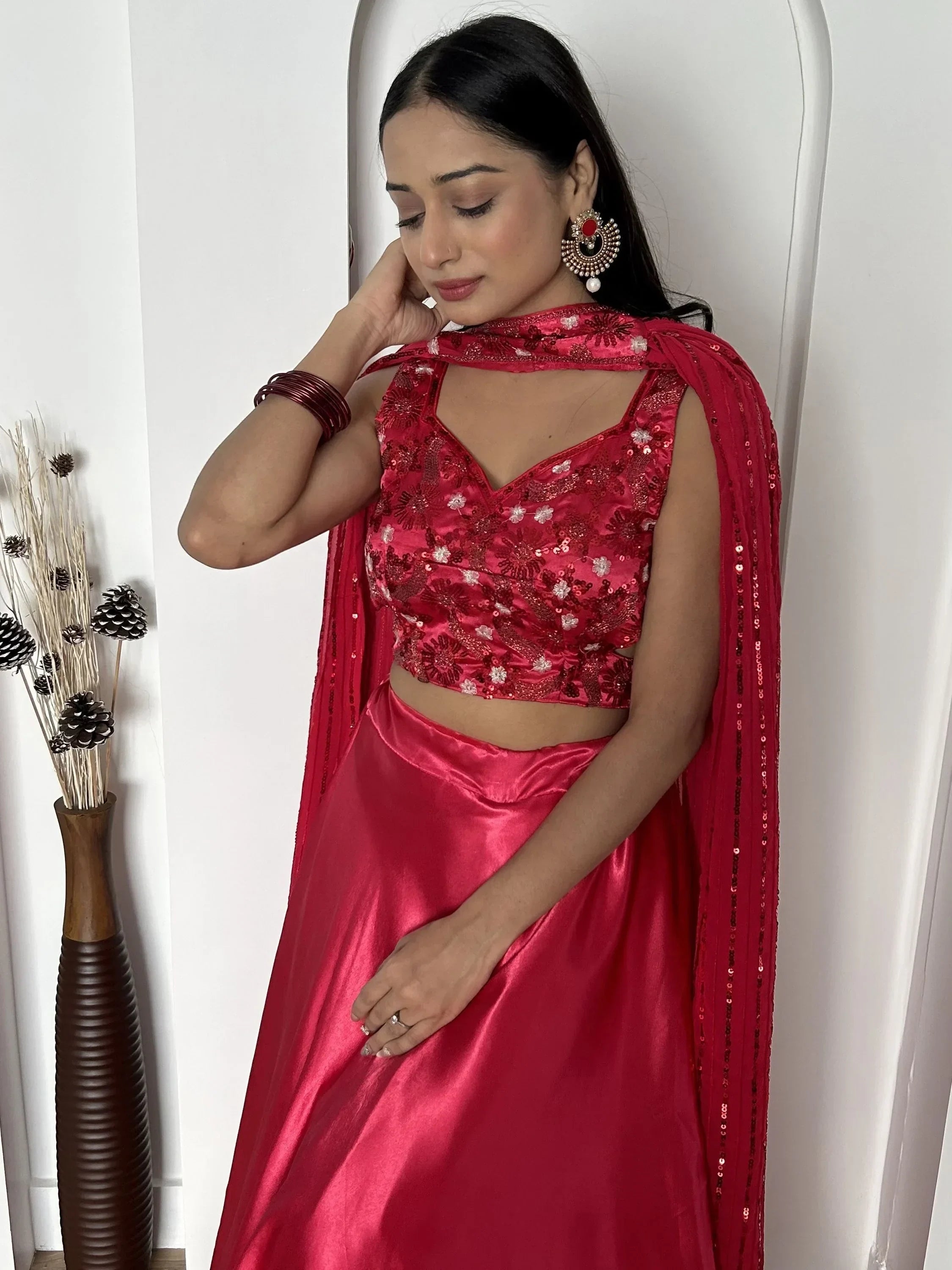 Fascinating Pink Satin Cocktail Party Wear Lehenga Choli With Dupatta