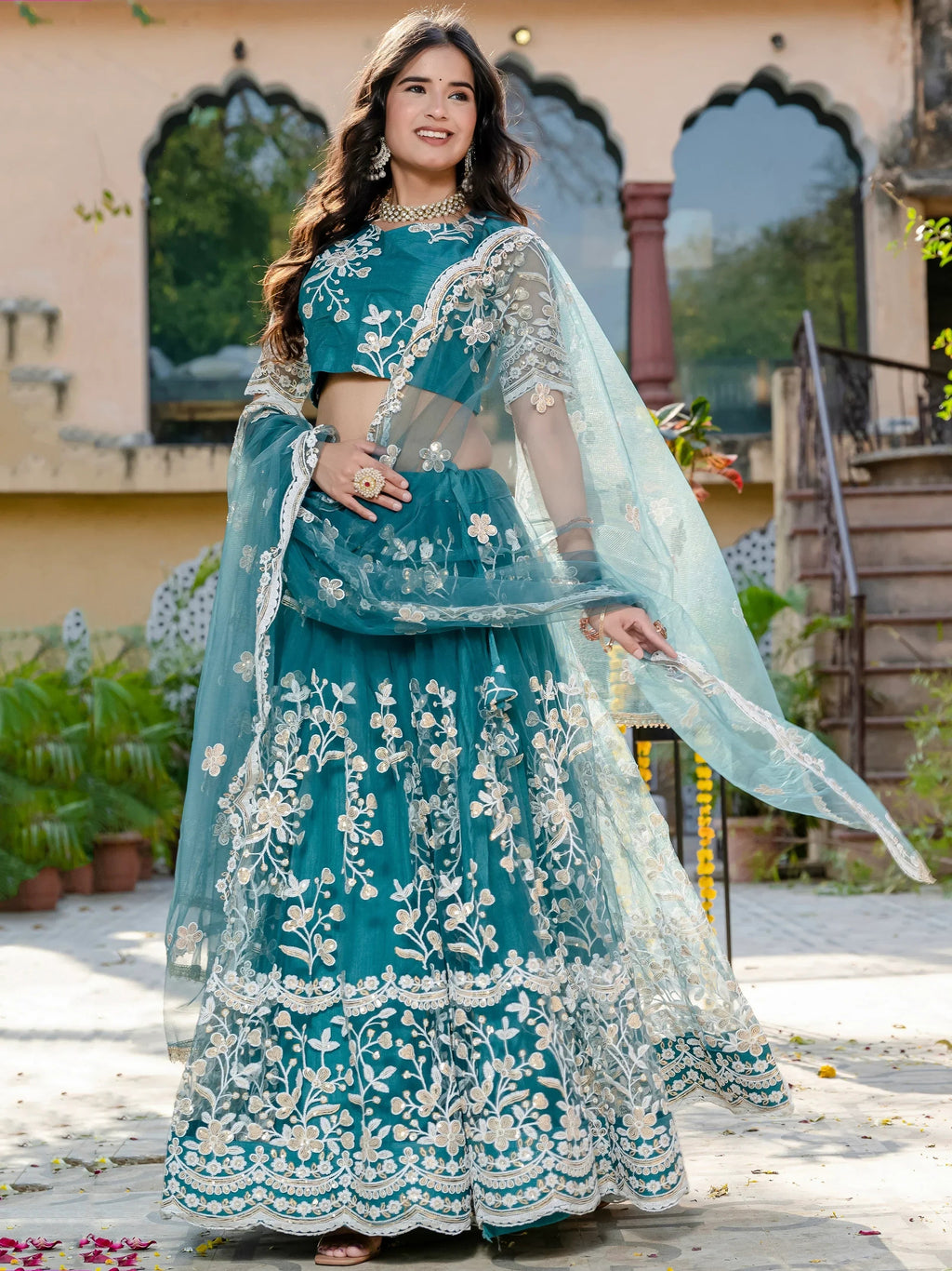 Fascinating Rama Blue Thread Embroidered Wedding Wear Lehenga Choli