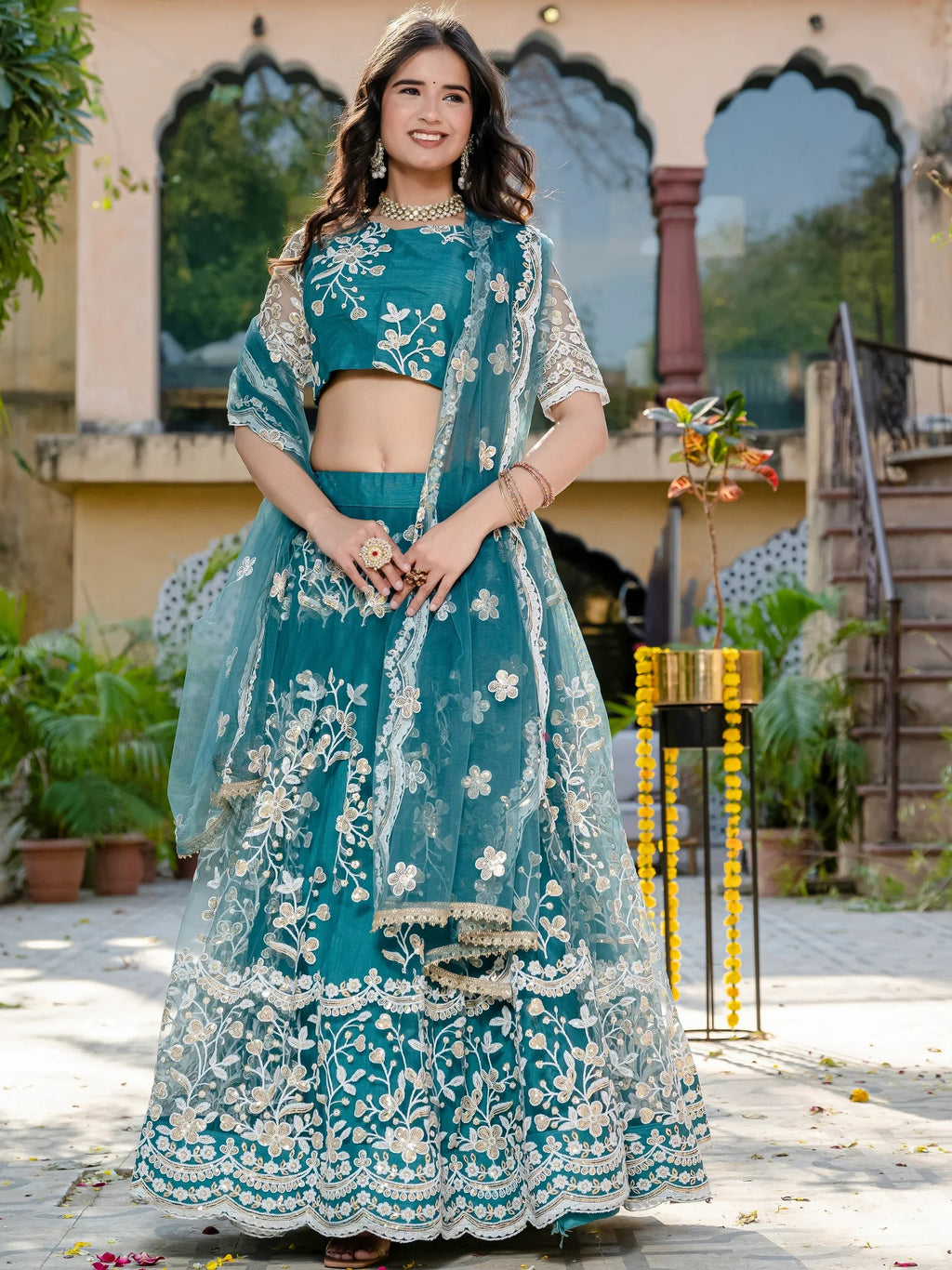 Fascinating Rama Blue Thread Embroidered Wedding Wear Lehenga Choli