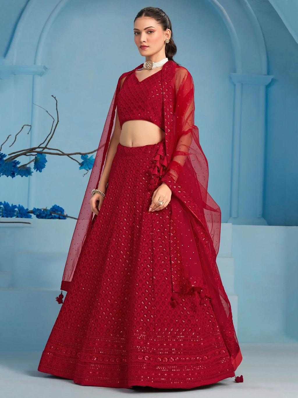 Fascinating Red Thread Work Georgette Wedding Wear Lehenga Choli