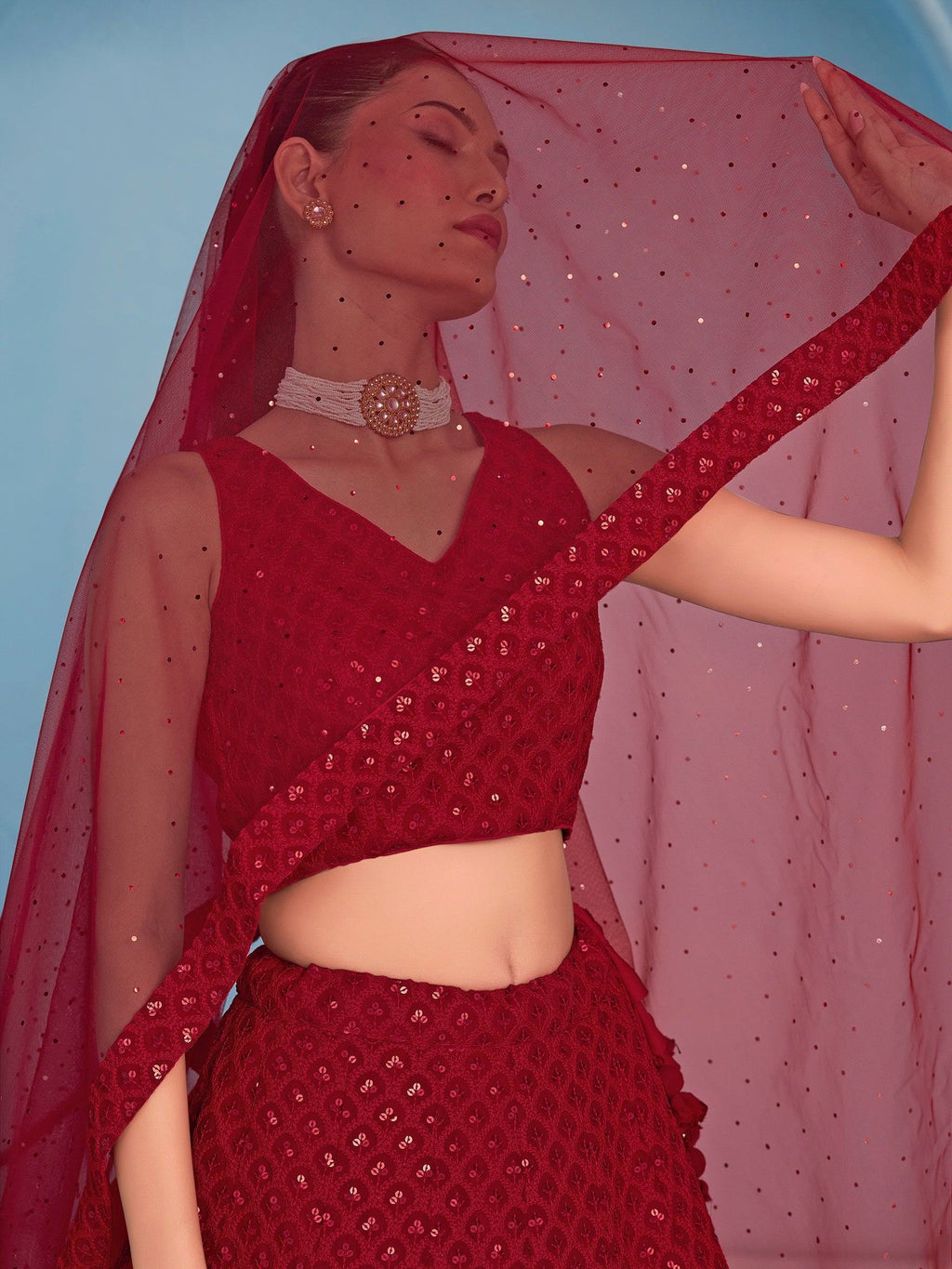 Fascinating Red Thread Work Georgette Wedding Wear Lehenga Choli
