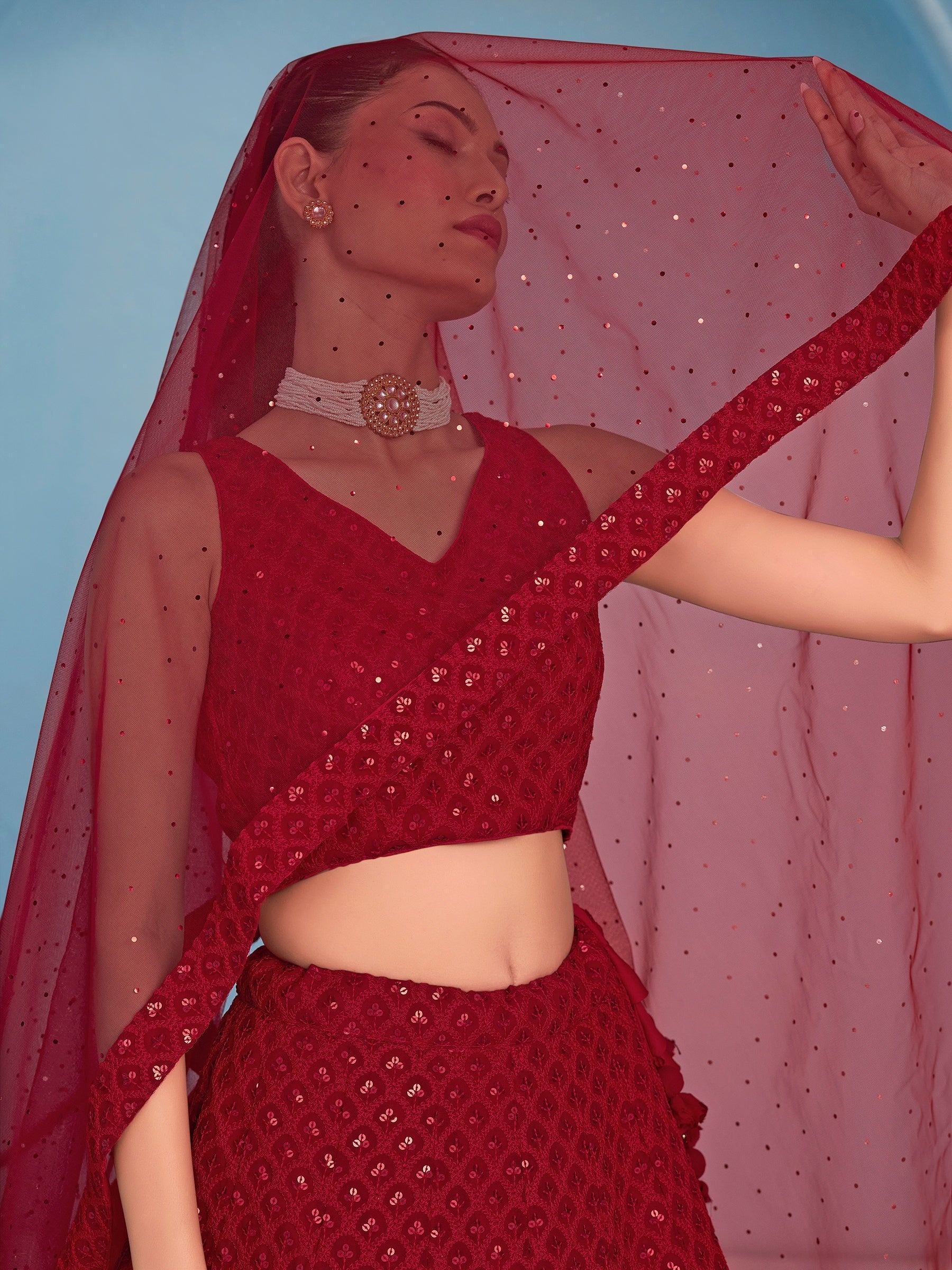 Fascinating Red Thread Work Georgette Wedding Wear Lehenga Choli