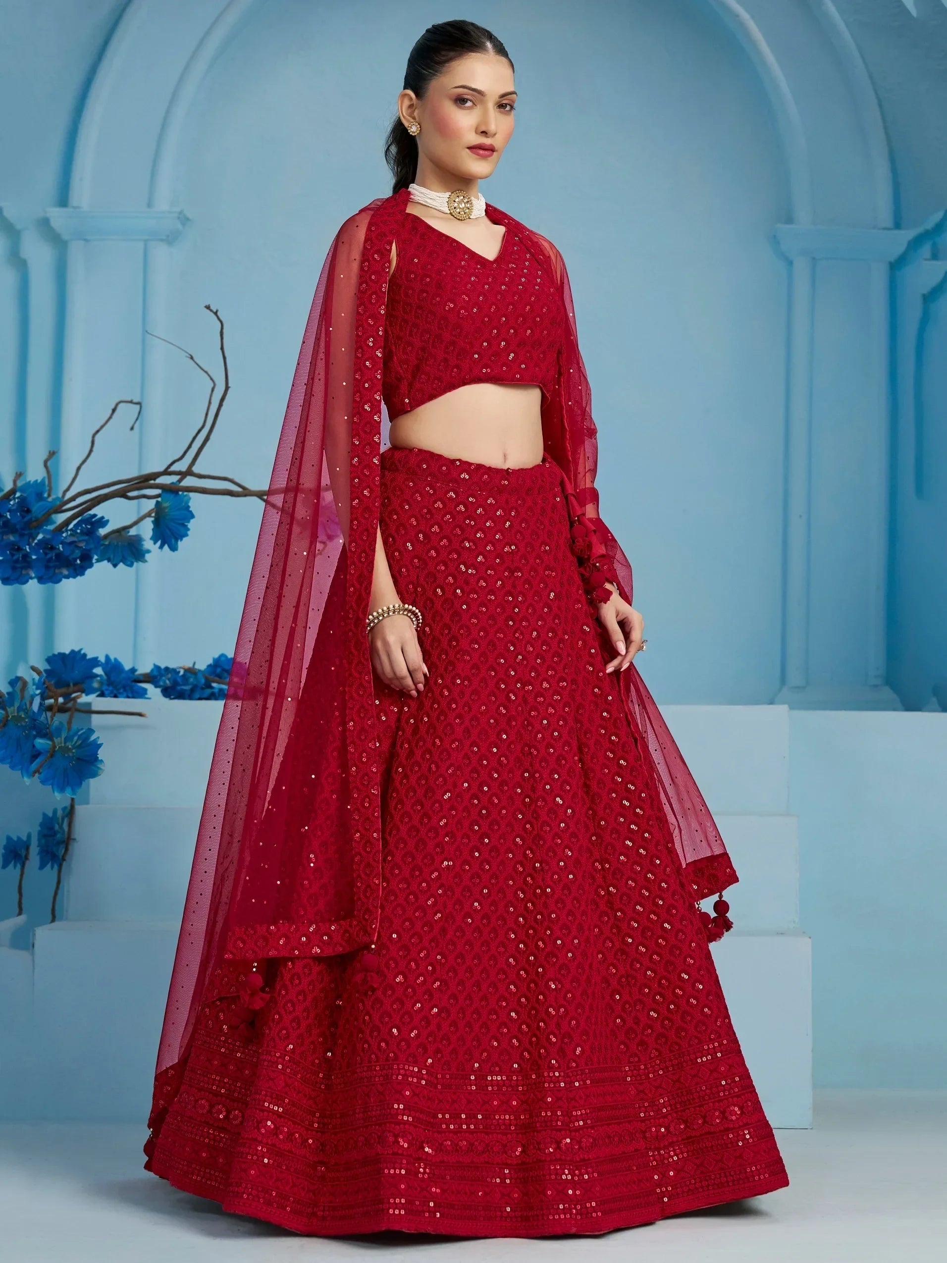 Fascinating Red Thread Work Georgette Wedding Wear Lehenga Choli