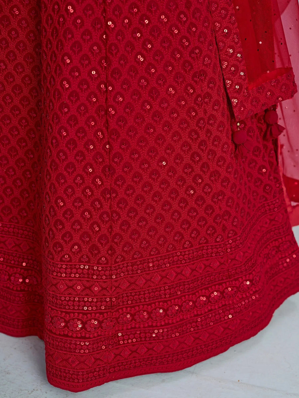 Fascinating Red Thread Work Georgette Wedding Wear Lehenga Choli