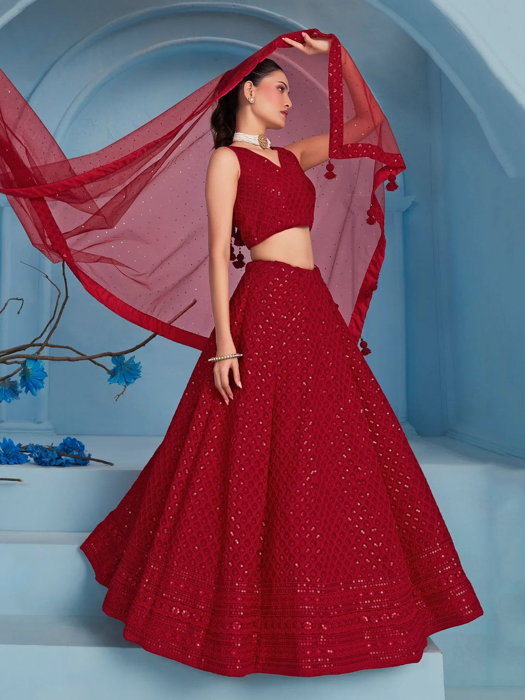 Fascinating Red Thread Work Georgette Wedding Wear Lehenga Choli