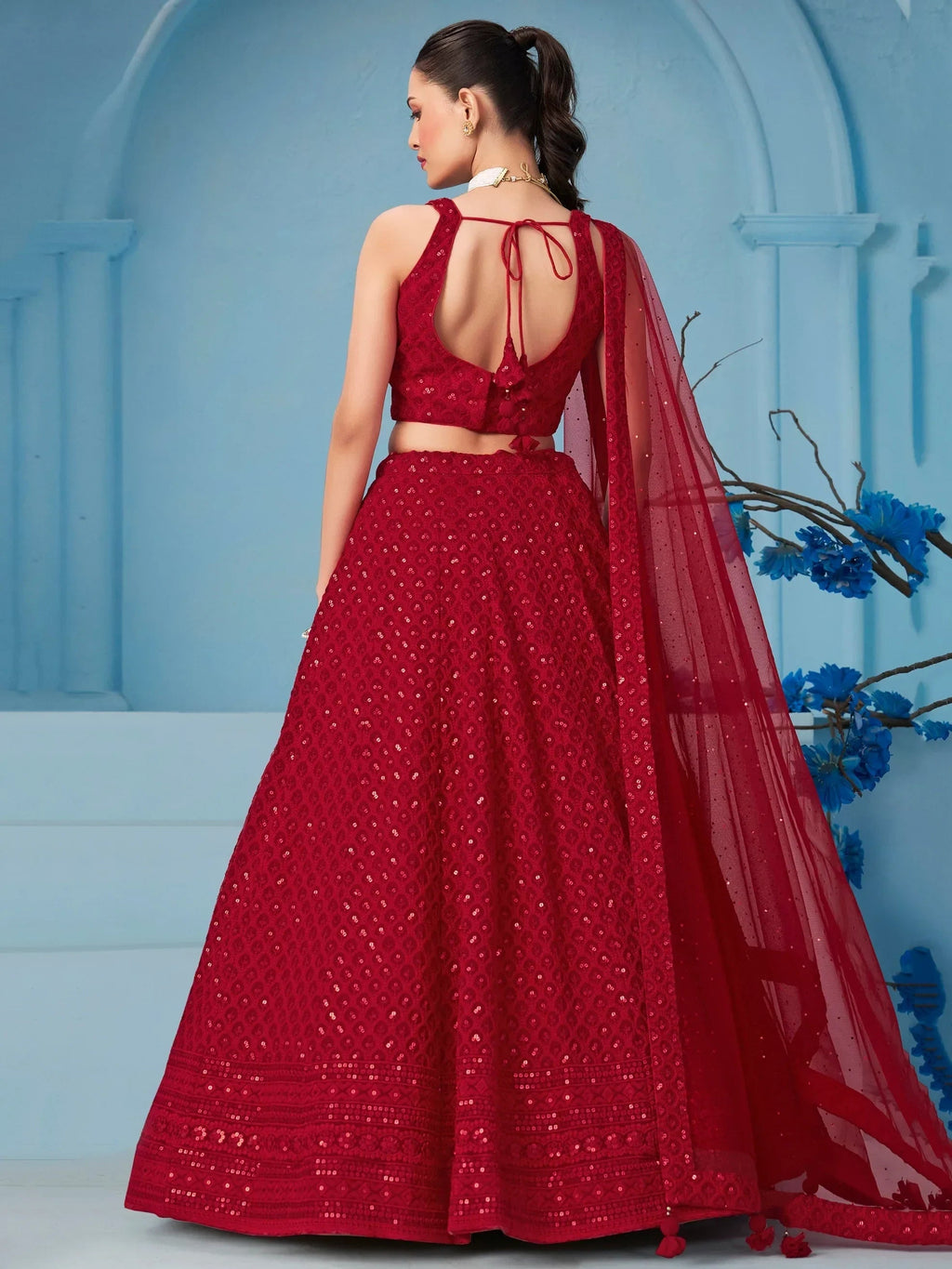 Fascinating Red Thread Work Georgette Wedding Wear Lehenga Choli