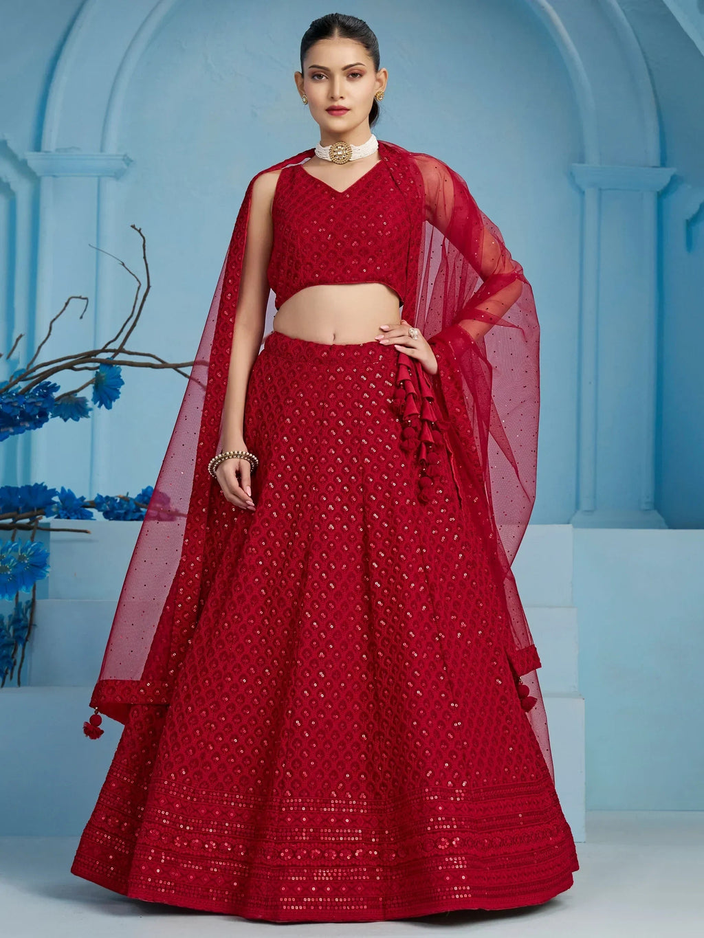 Fascinating Red Thread Work Georgette Wedding Wear Lehenga Choli