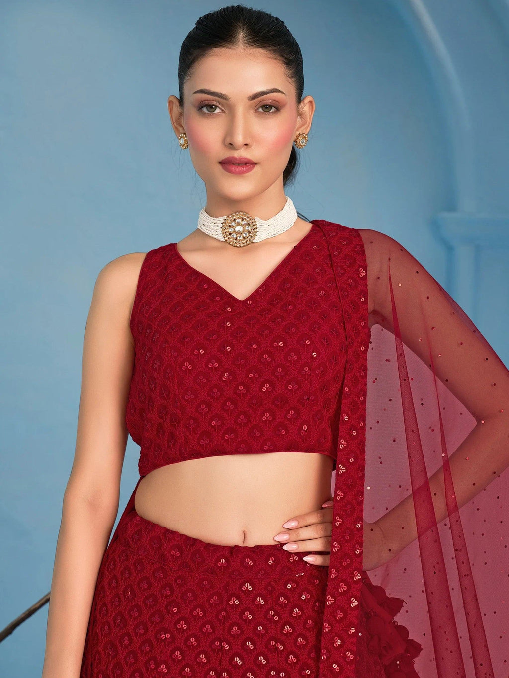 Fascinating Red Thread Work Georgette Wedding Wear Lehenga Choli