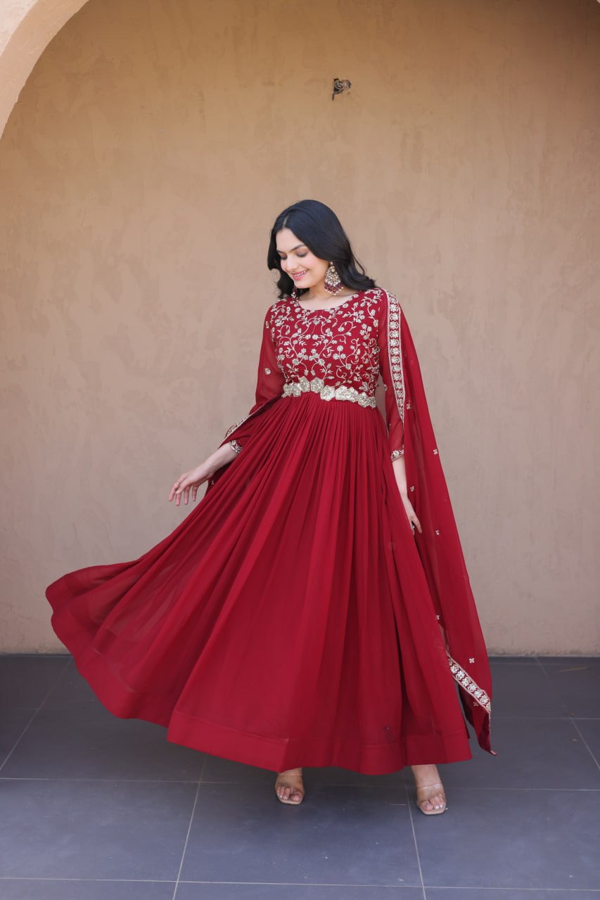 Faux Blooming Embroidered Gown with Dupatta