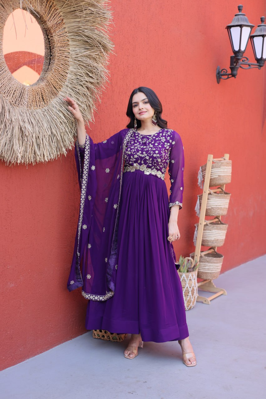 Faux Blooming Embroidered Gown with Dupatta