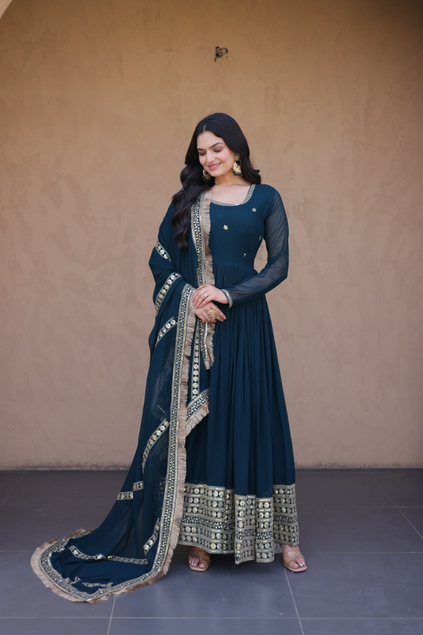 Faux Blooming Embroidered Gown with Dupatta
