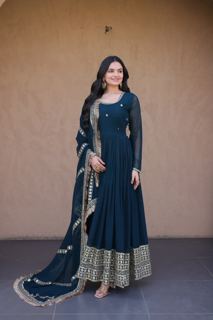 Faux Blooming Embroidered Gown with Dupatta