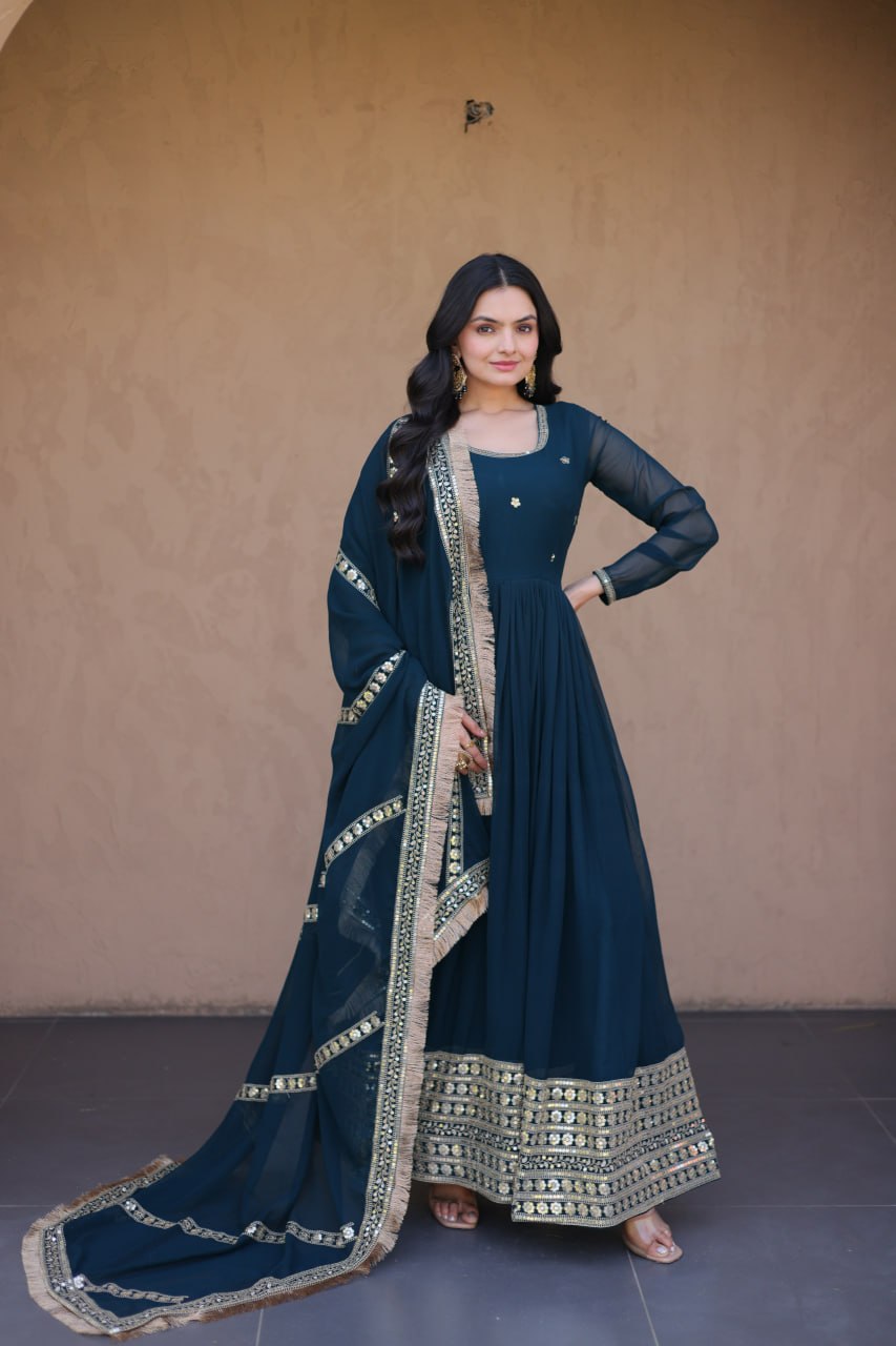 Faux Blooming Embroidered Gown with Dupatta