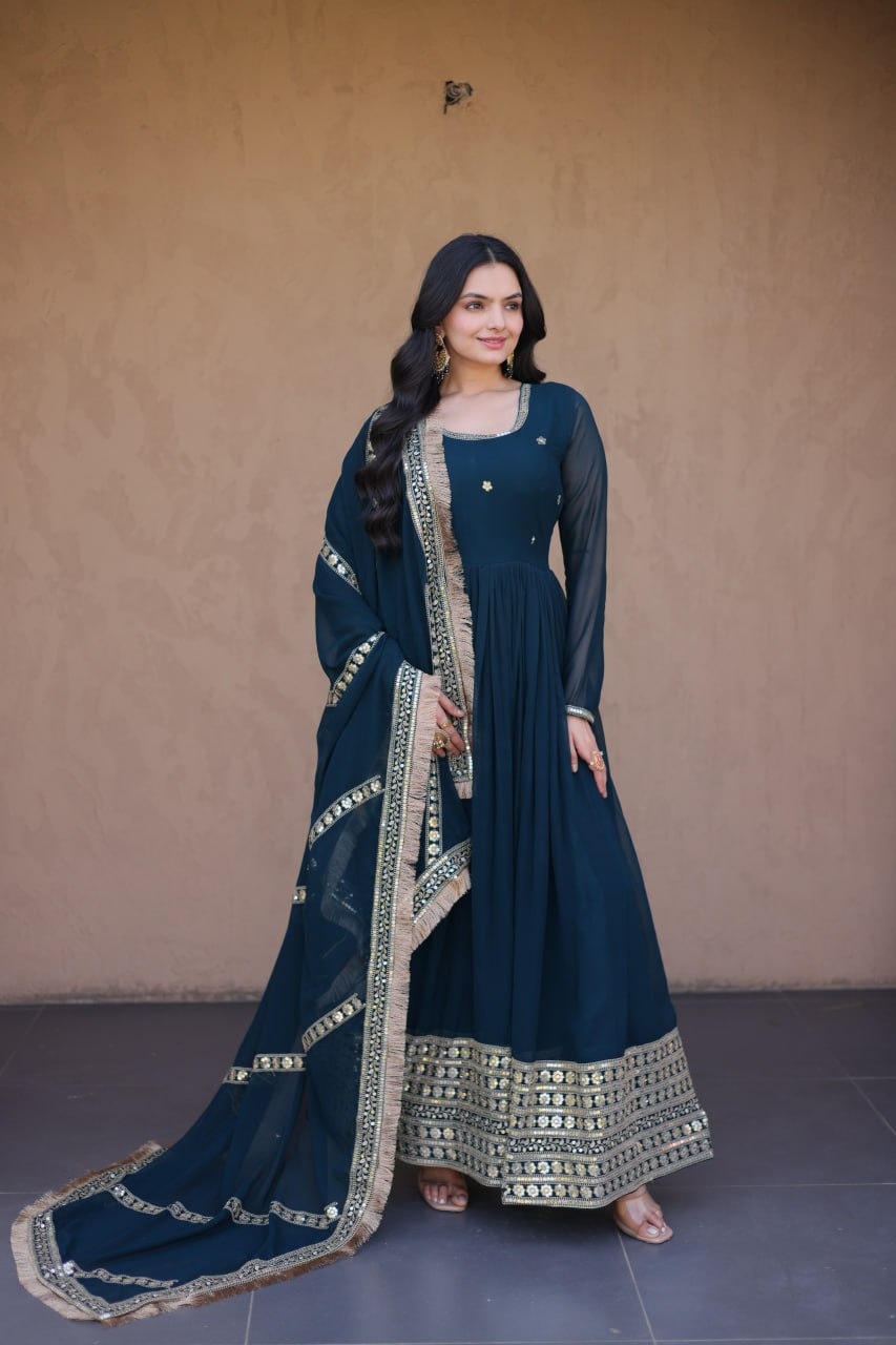 Faux Blooming Embroidered Gown with Dupatta
