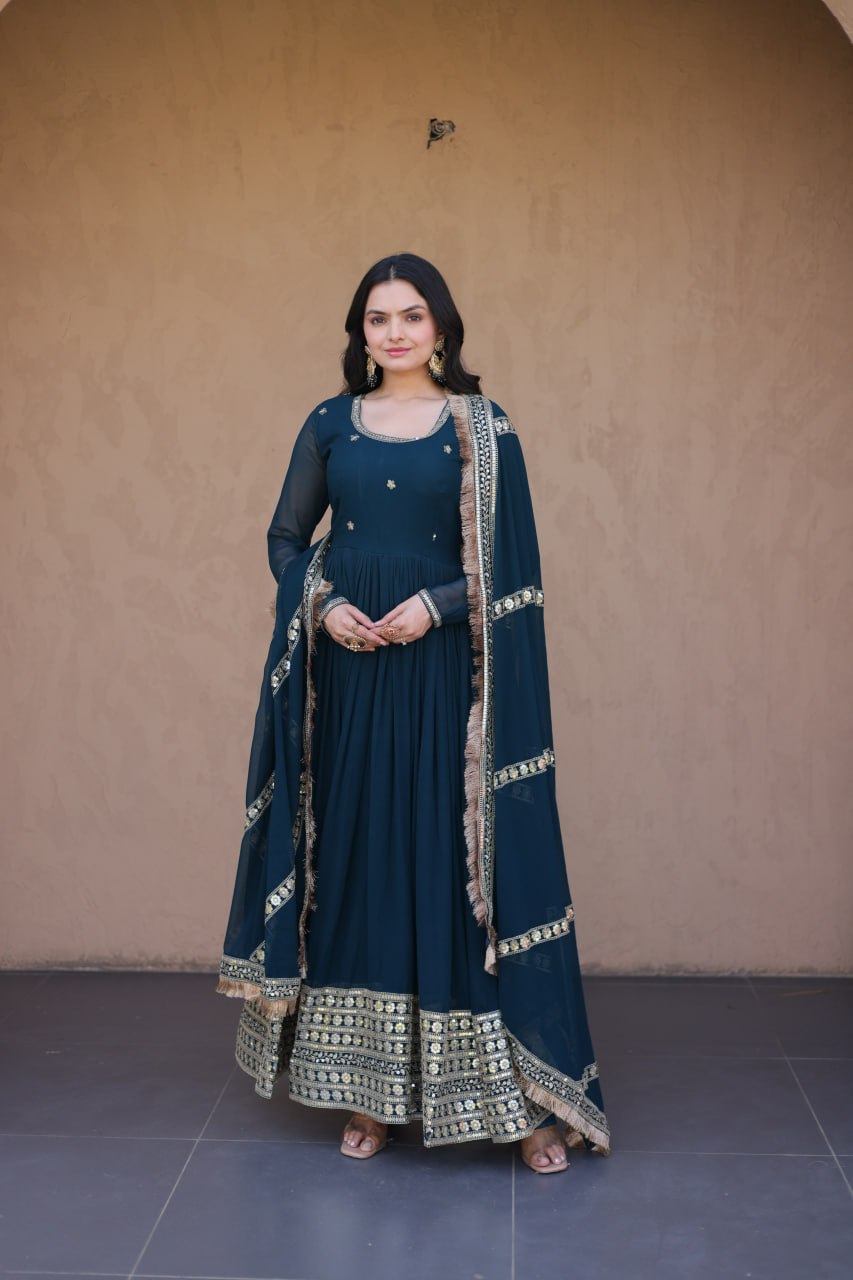 Faux Blooming Embroidered Gown with Dupatta