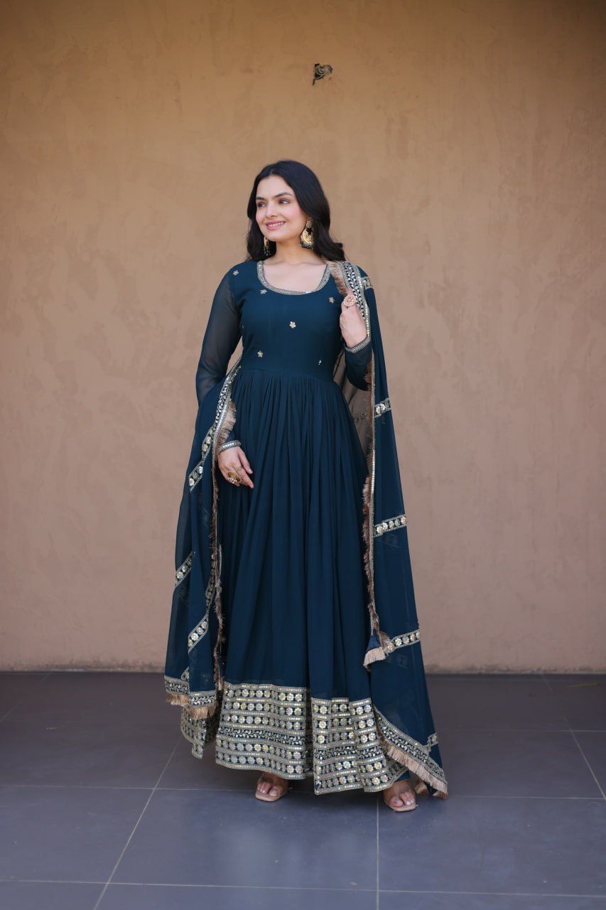 Faux Blooming Embroidered Gown with Dupatta