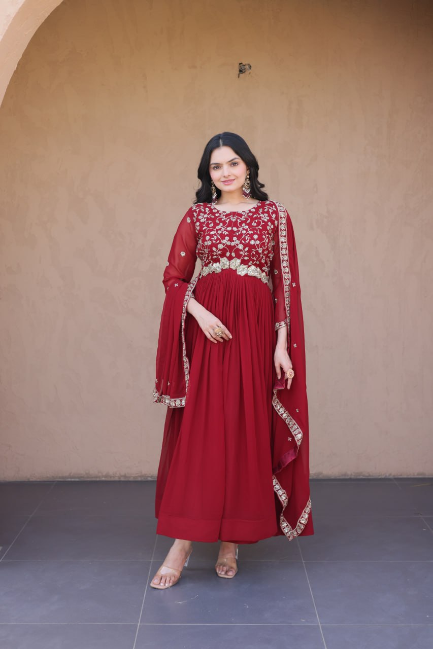 Faux Blooming Embroidered Gown with Dupatta