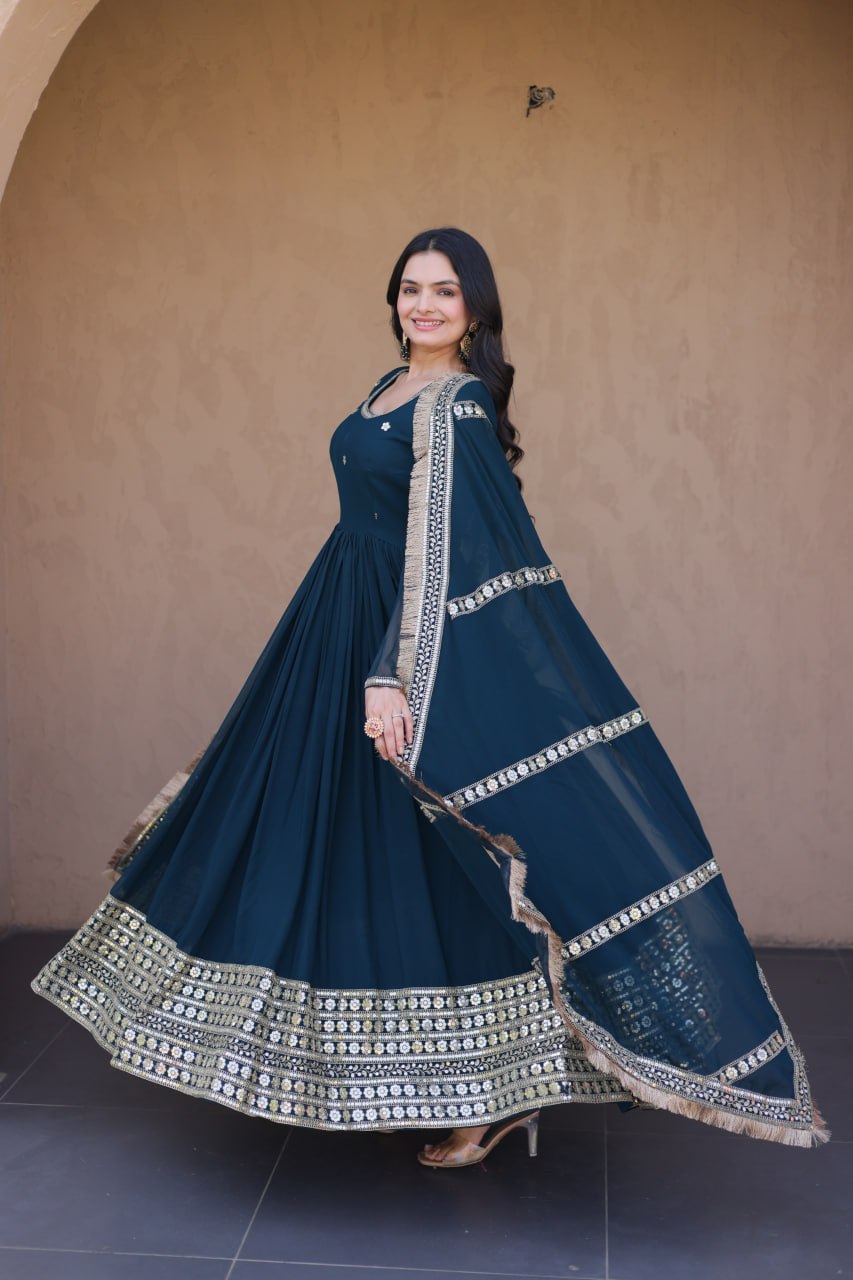 Faux Blooming Embroidered Gown with Dupatta