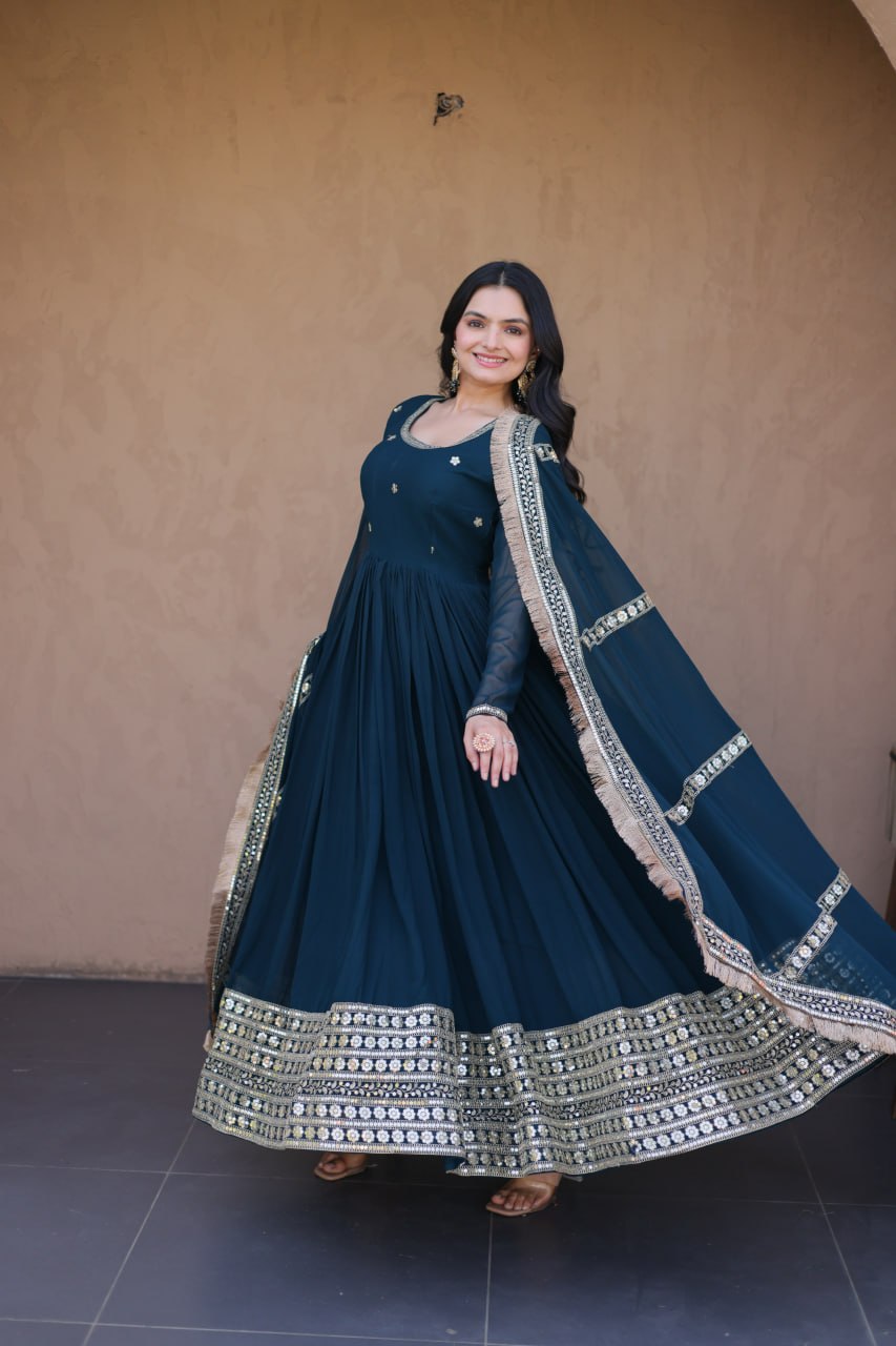 Faux Blooming Embroidered Gown with Dupatta