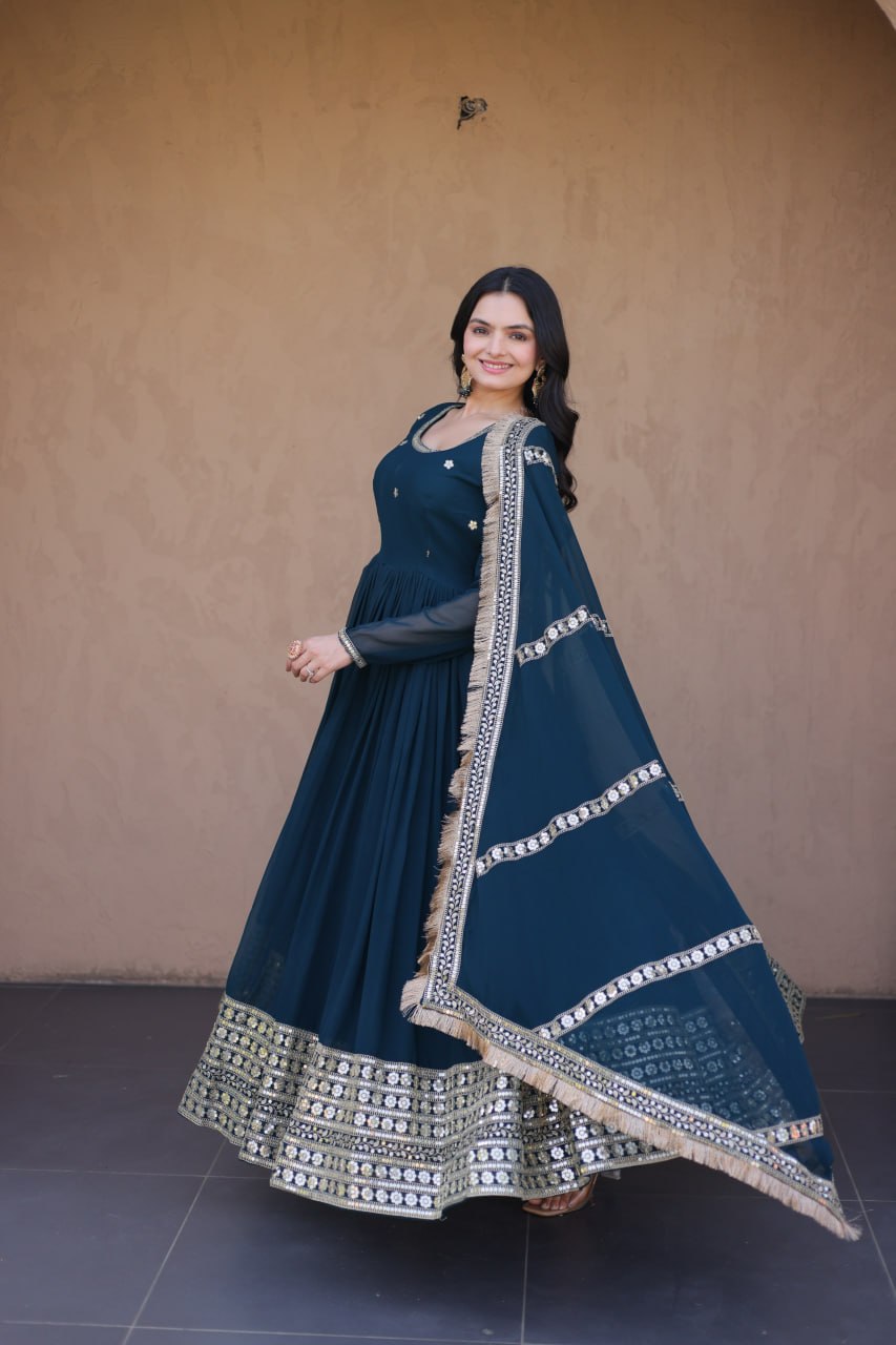 Faux Blooming Embroidered Gown with Dupatta