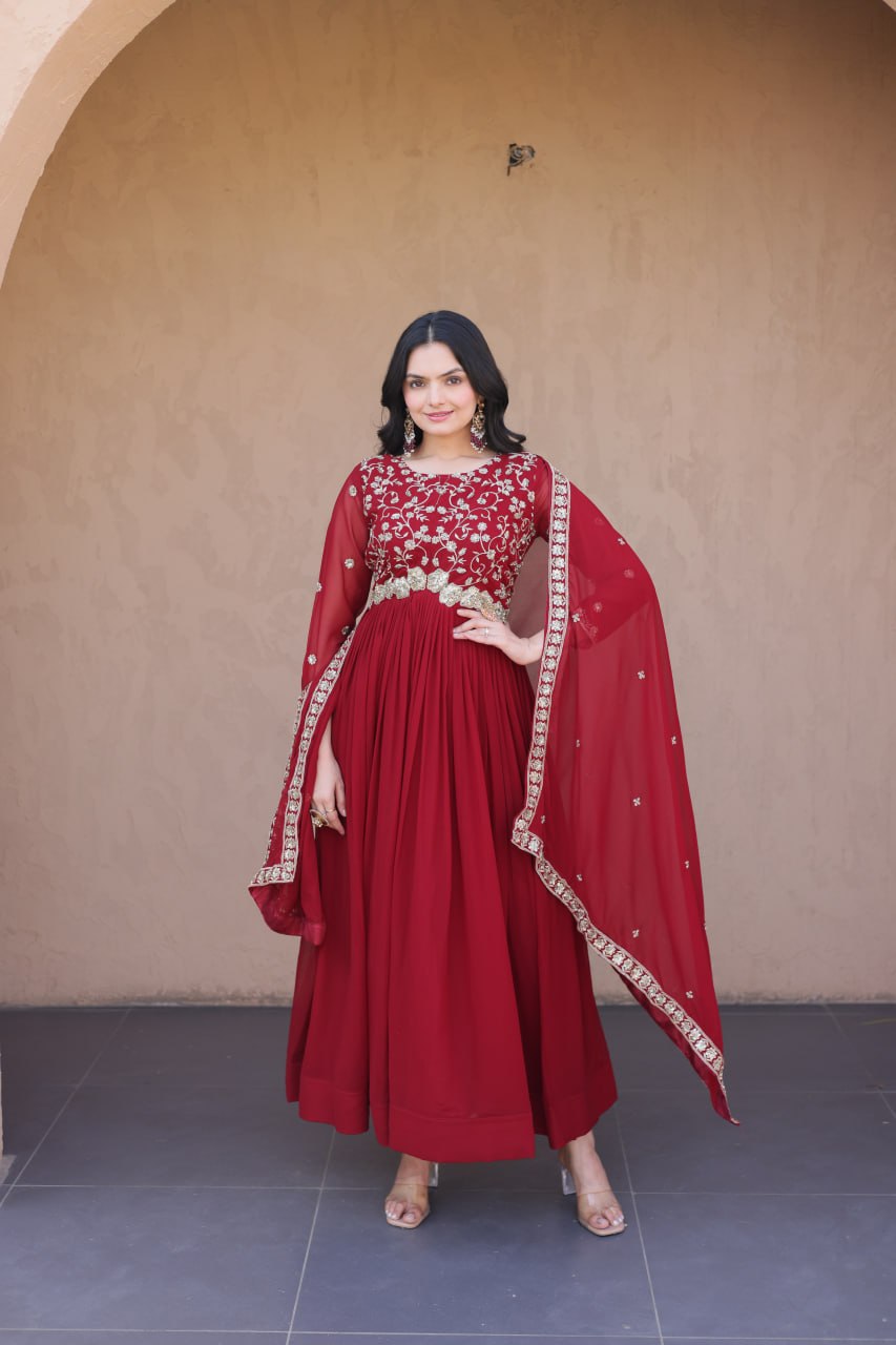 Faux Blooming Embroidered Gown with Dupatta