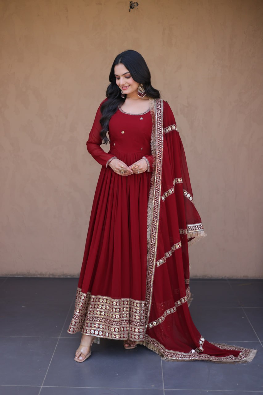 Faux Blooming Embroidered Gown with Dupatta