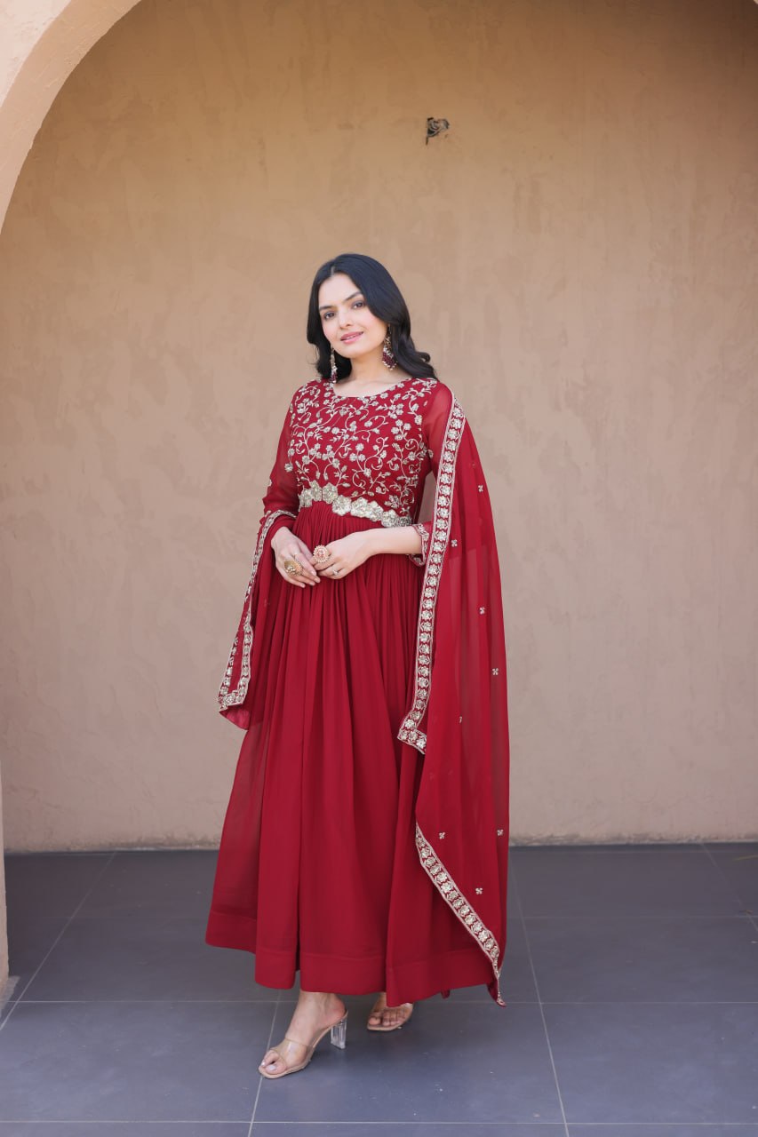 Faux Blooming Embroidered Gown with Dupatta