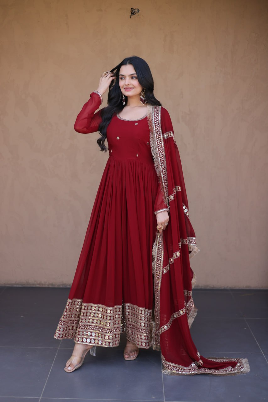 Faux Blooming Embroidered Gown with Dupatta