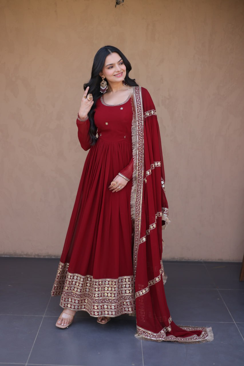Faux Blooming Embroidered Gown with Dupatta