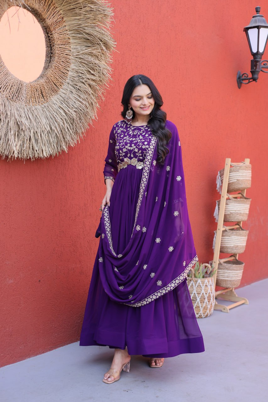 Faux Blooming Embroidered Gown with Dupatta