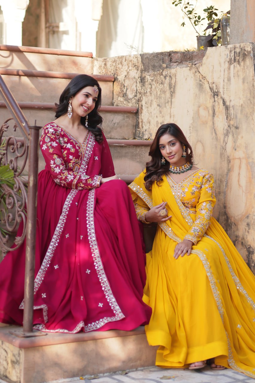 Faux Blooming Embroidery Zari Sequins Work Gown with Dupatta
