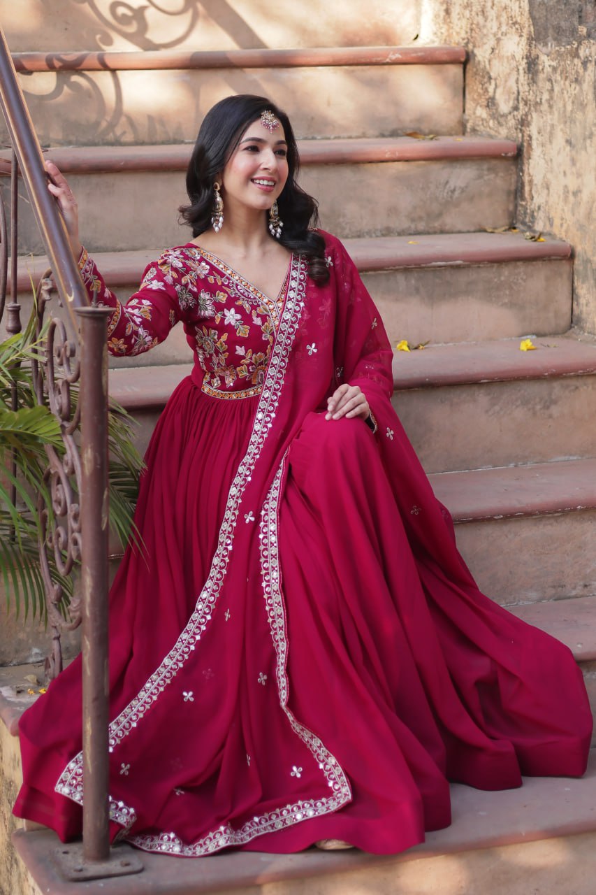 Faux Blooming Embroidery Zari Sequins Work Gown with Dupatta