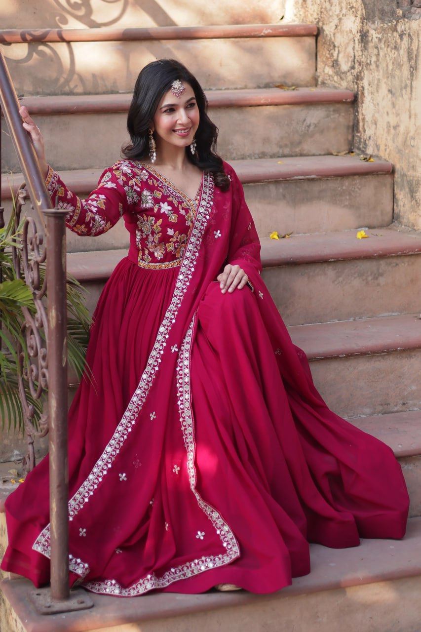 Faux Blooming Embroidery Zari Sequins Work Gown with Dupatta