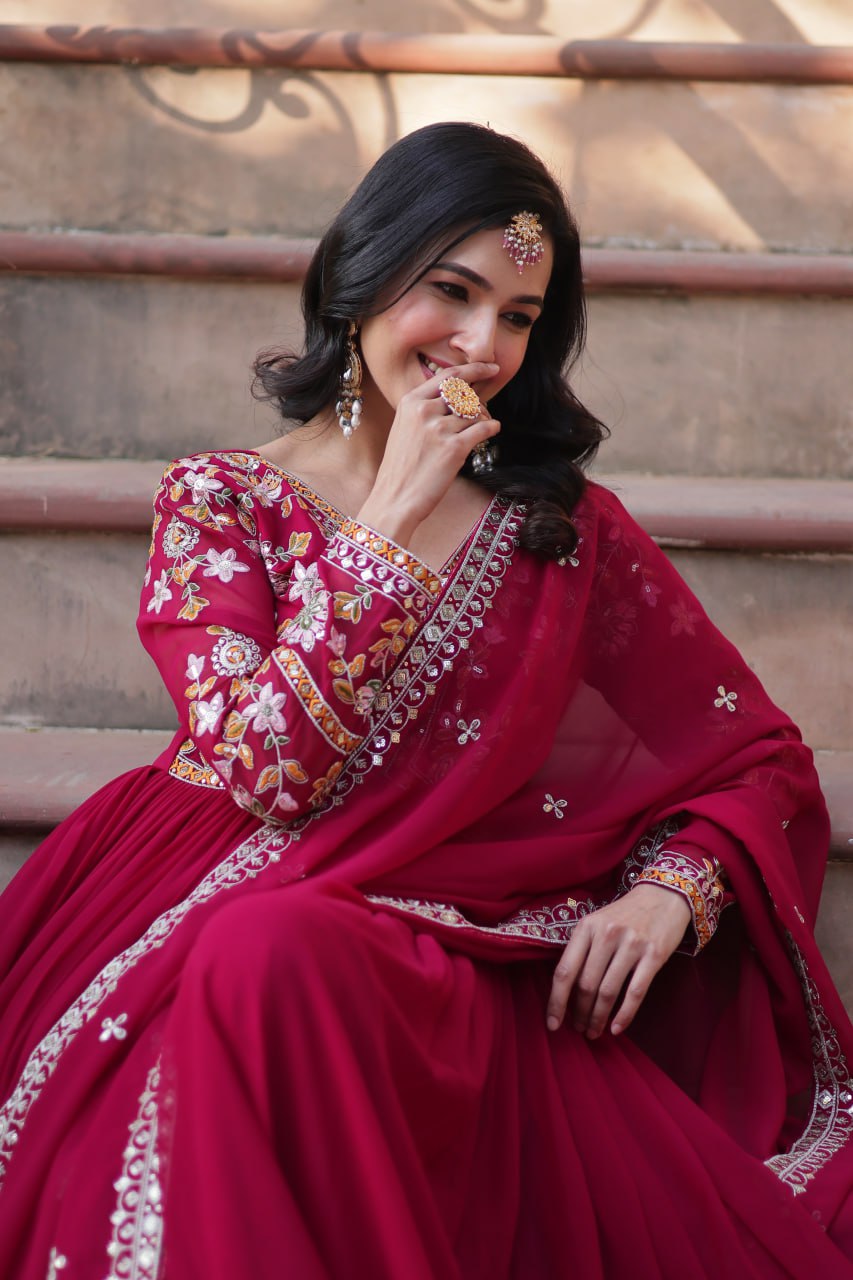 Faux Blooming Embroidery Zari Sequins Work Gown with Dupatta