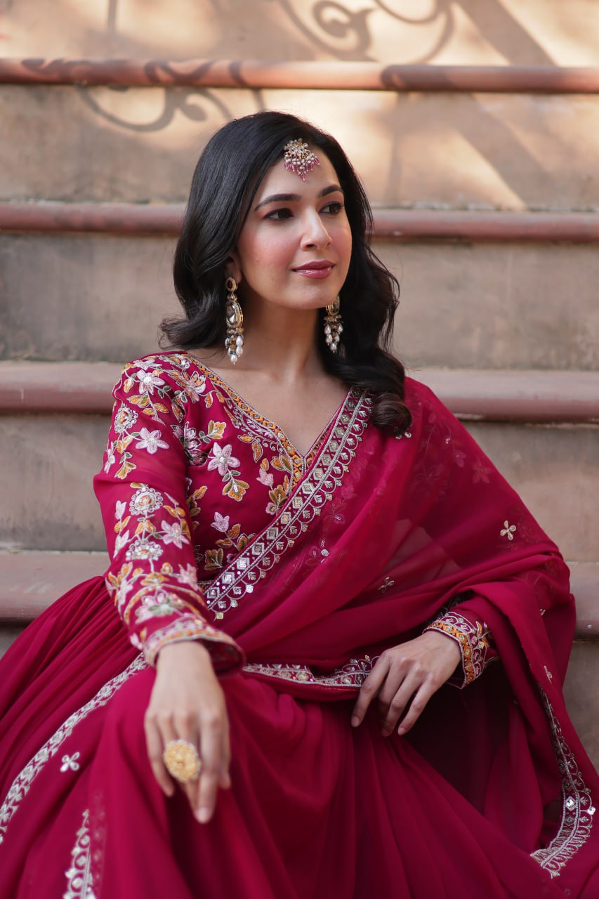 Faux Blooming Embroidery Zari Sequins Work Gown with Dupatta