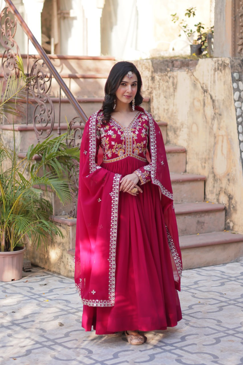 Faux Blooming Embroidery Zari Sequins Work Gown with Dupatta