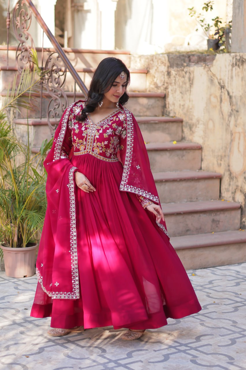 Faux Blooming Embroidery Zari Sequins Work Gown with Dupatta