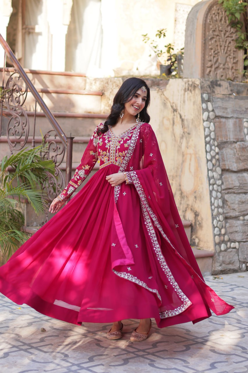 Faux Blooming Embroidery Zari Sequins Work Gown with Dupatta