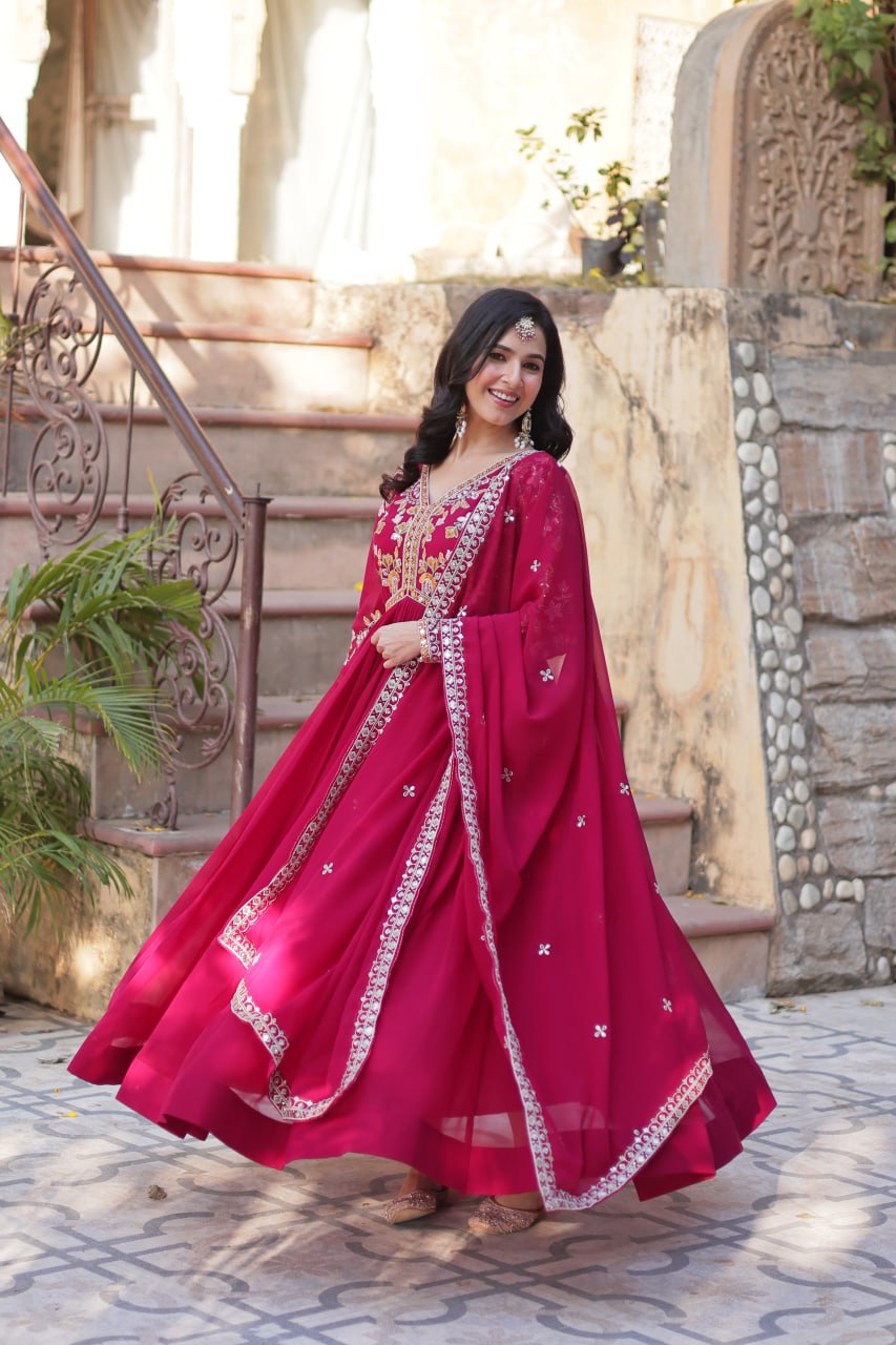 Faux Blooming Embroidery Zari Sequins Work Gown with Dupatta