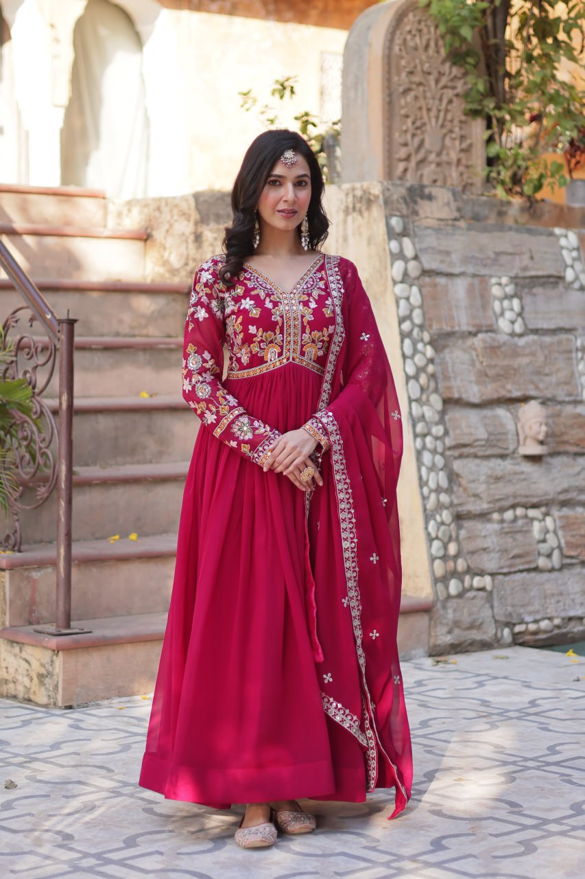 Faux Blooming Embroidery Zari Sequins Work Gown with Dupatta