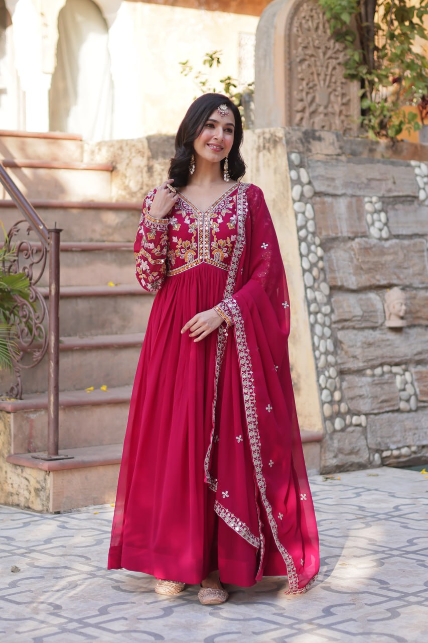 Faux Blooming Embroidery Zari Sequins Work Gown with Dupatta
