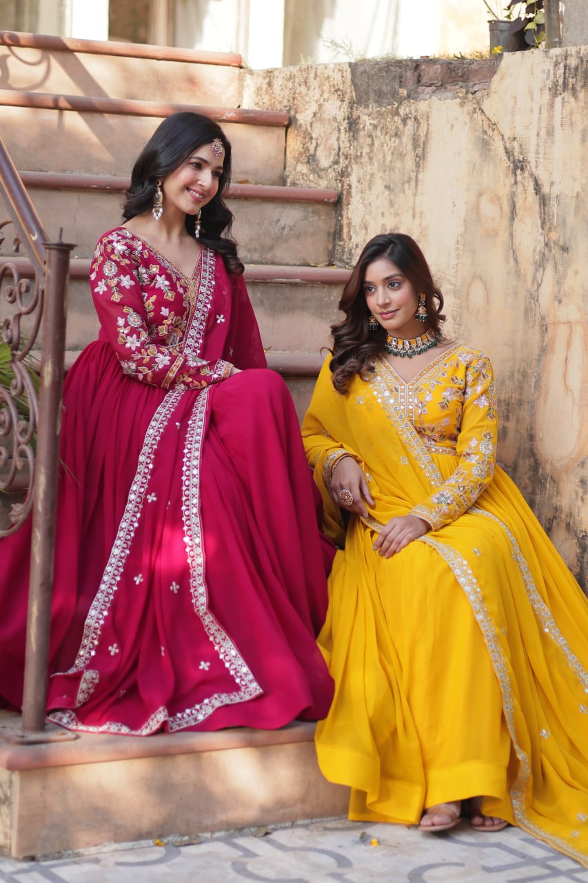 Faux Blooming Embroidery Zari Sequins Work Gown with Dupatta