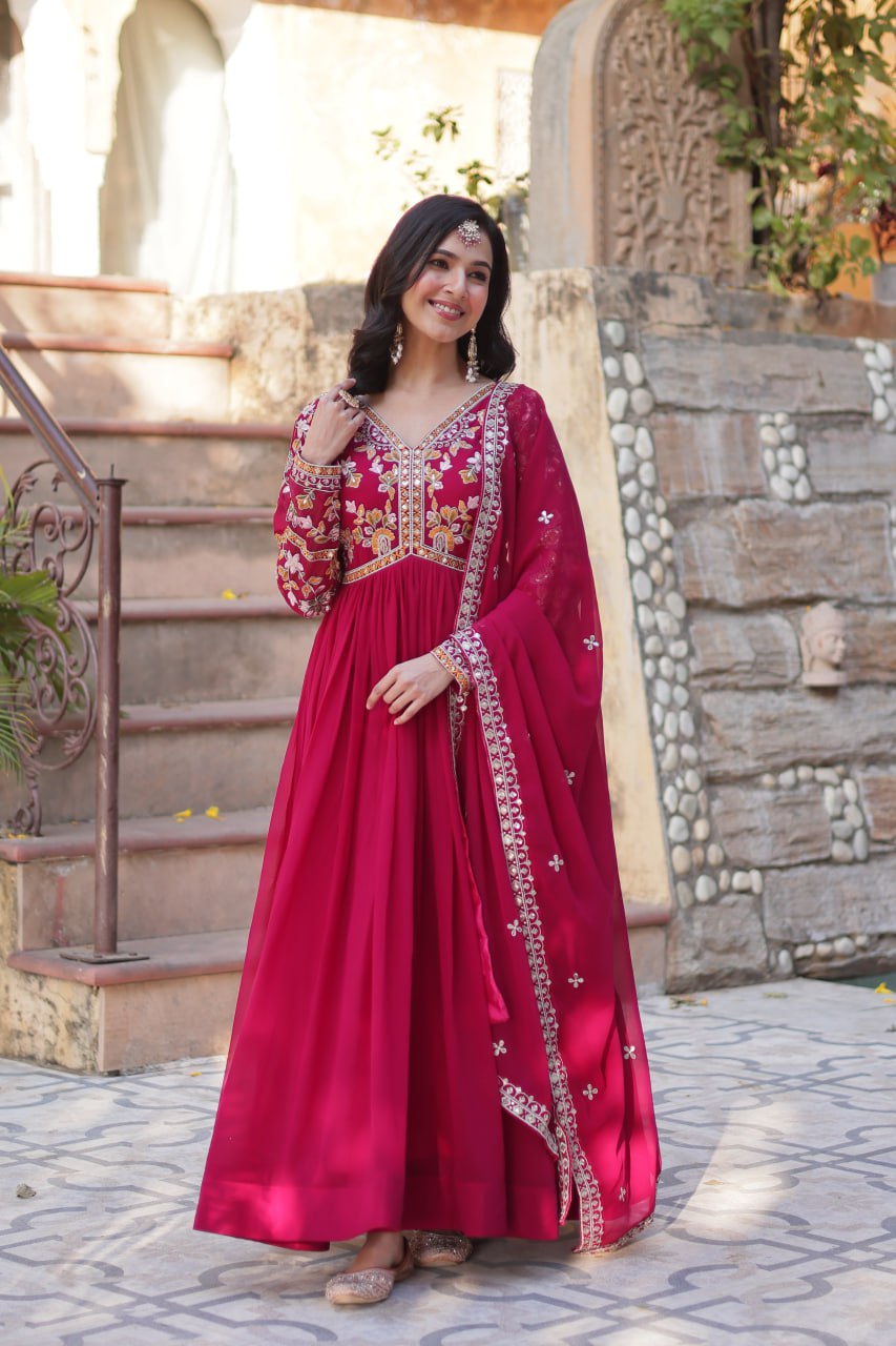 Faux Blooming Embroidery Zari Sequins Work Gown with Dupatta