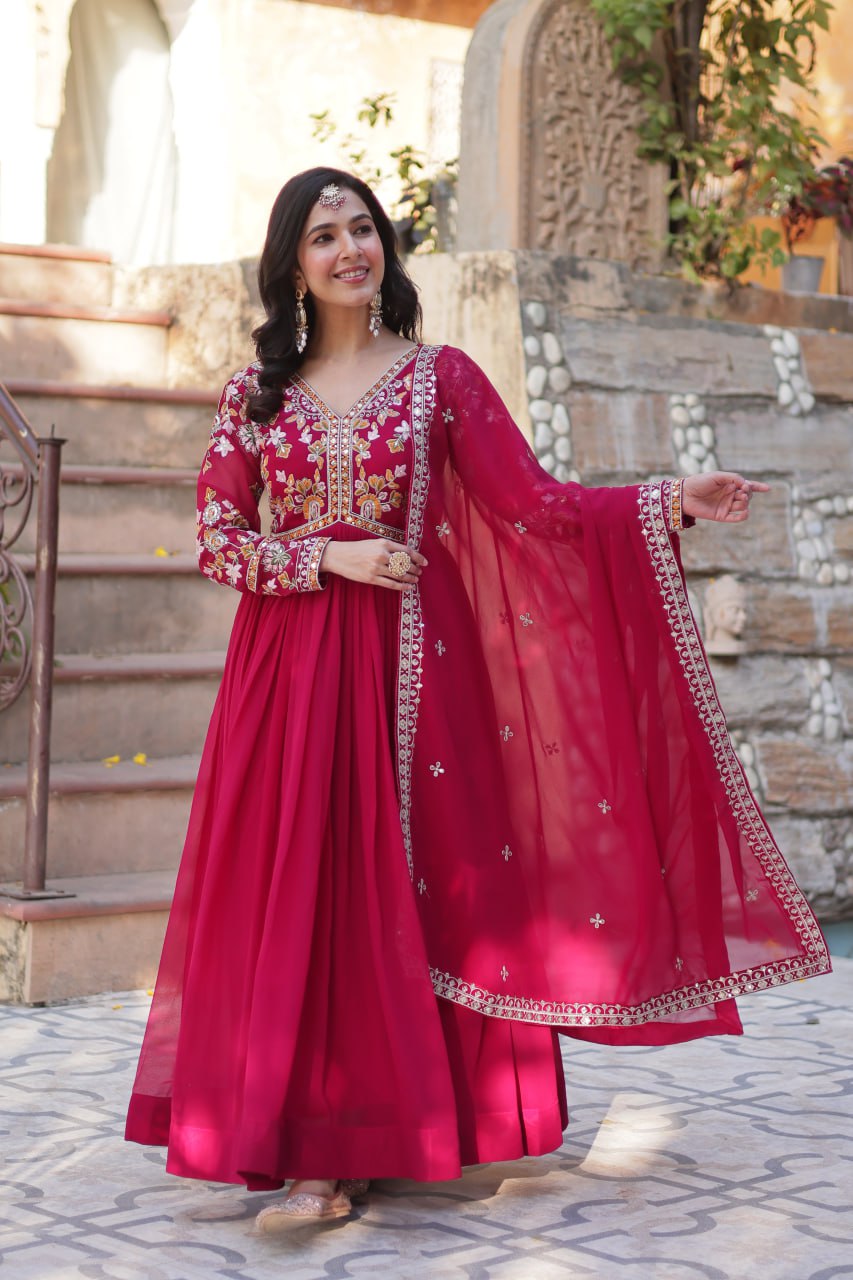 Faux Blooming Embroidery Zari Sequins Work Gown with Dupatta