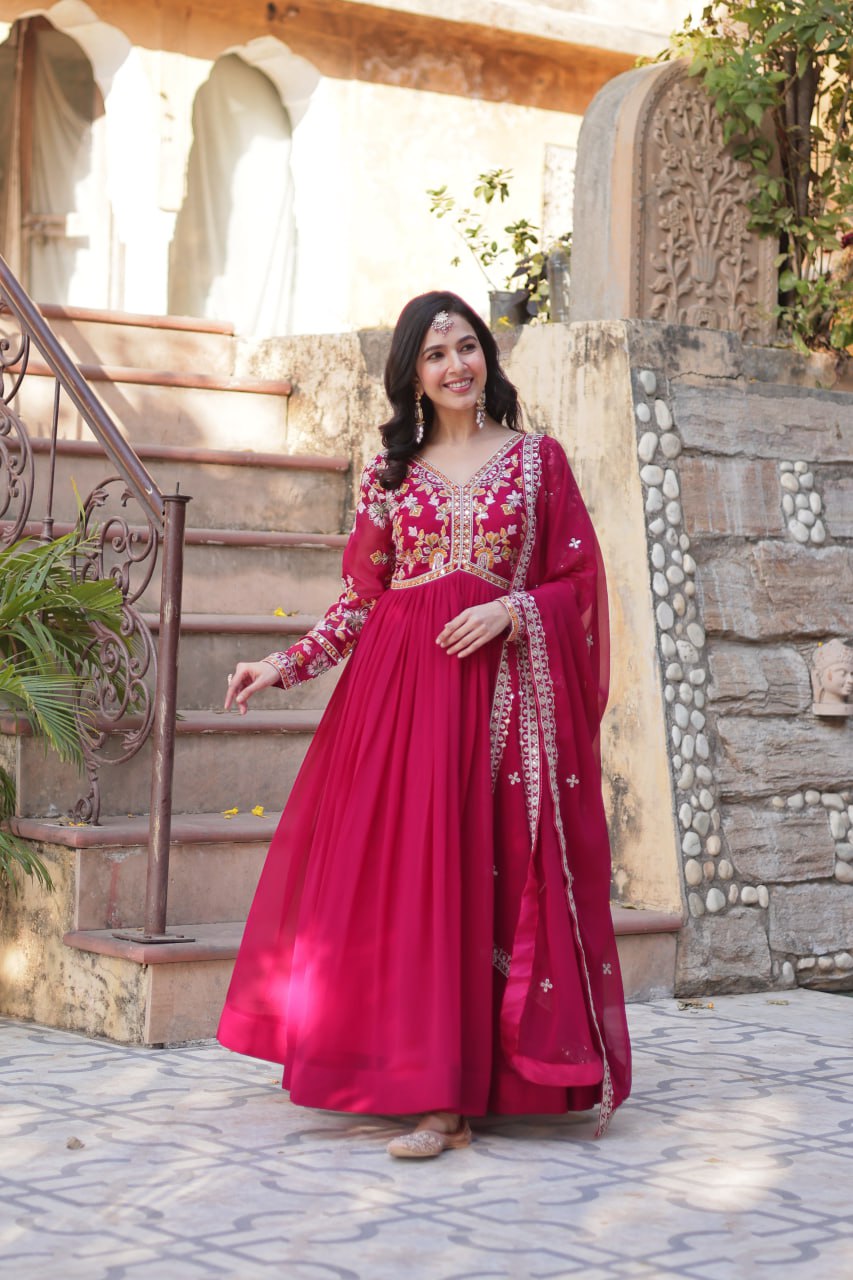 Faux Blooming Embroidery Zari Sequins Work Gown with Dupatta