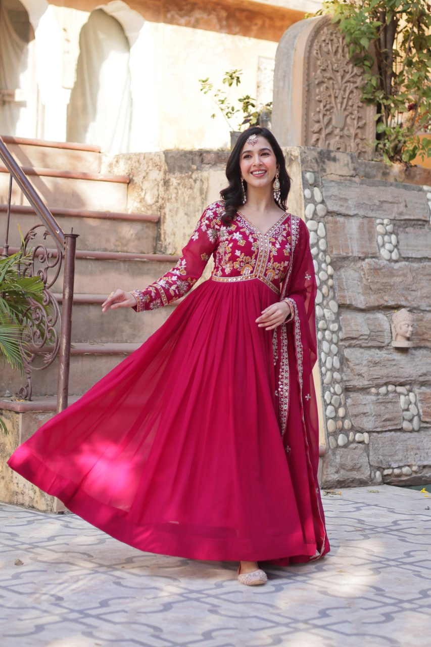 Faux Blooming Embroidery Zari Sequins Work Gown with Dupatta