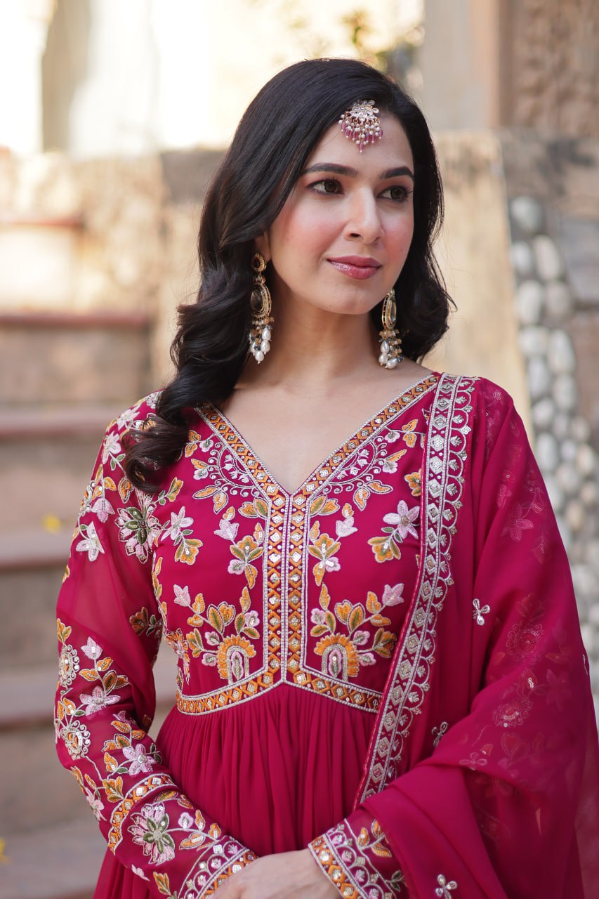 Faux Blooming Embroidery Zari Sequins Work Gown with Dupatta