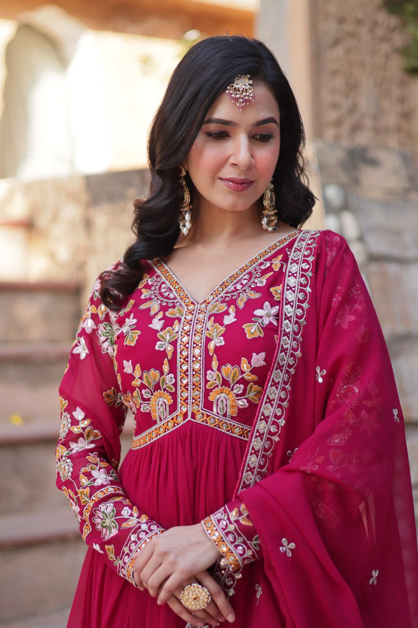 Faux Blooming Embroidery Zari Sequins Work Gown with Dupatta