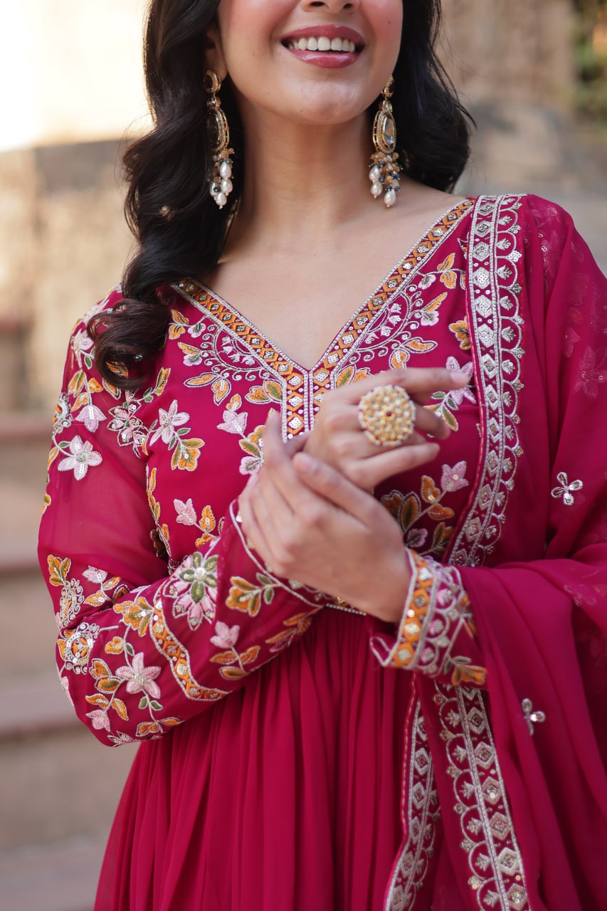 Faux Blooming Embroidery Zari Sequins Work Gown with Dupatta