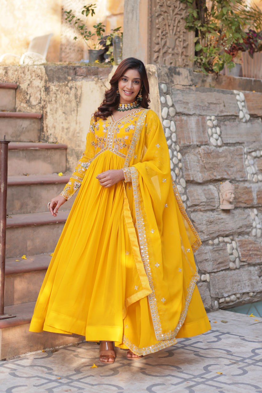 Faux Blooming Embroidery Zari Sequins Work Gown with Dupatta